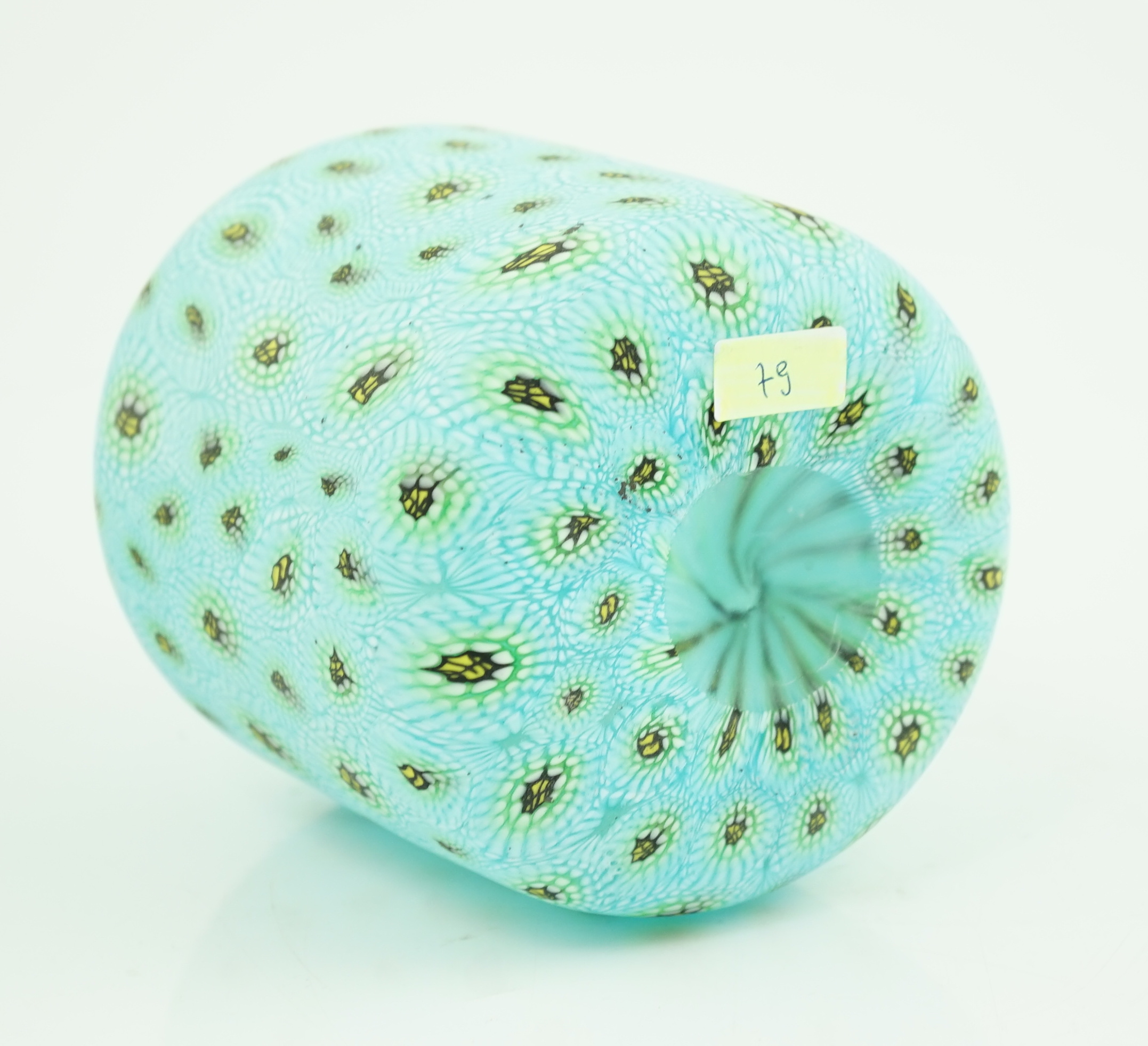 Vittorio Ferro (1932-2012) A Murano glass Murrine vase, with a yellow and green peacock feather ‘’eyes’’, design, on a turquoise ground, unsigned, 17.5cm, Please note this lot attracts an additional import tax of 20% on